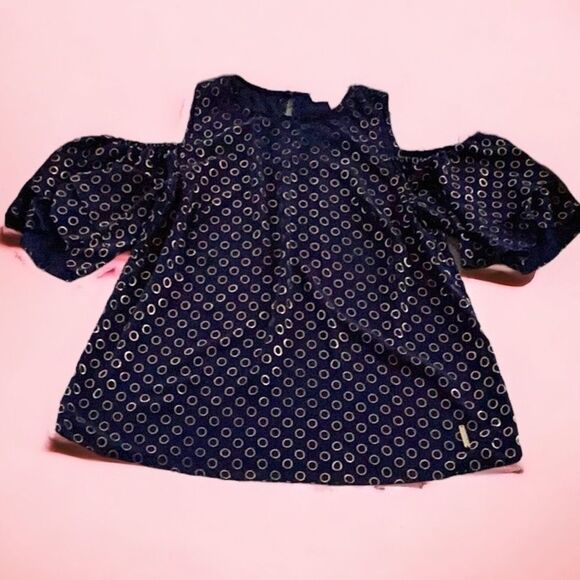 MICHAEL KORS SHEER BLOUSE TOP MEDIUM NAVY BLUE WITH GOLD CIRCLE DETAIL FLUTTER - Picture 6 of 6